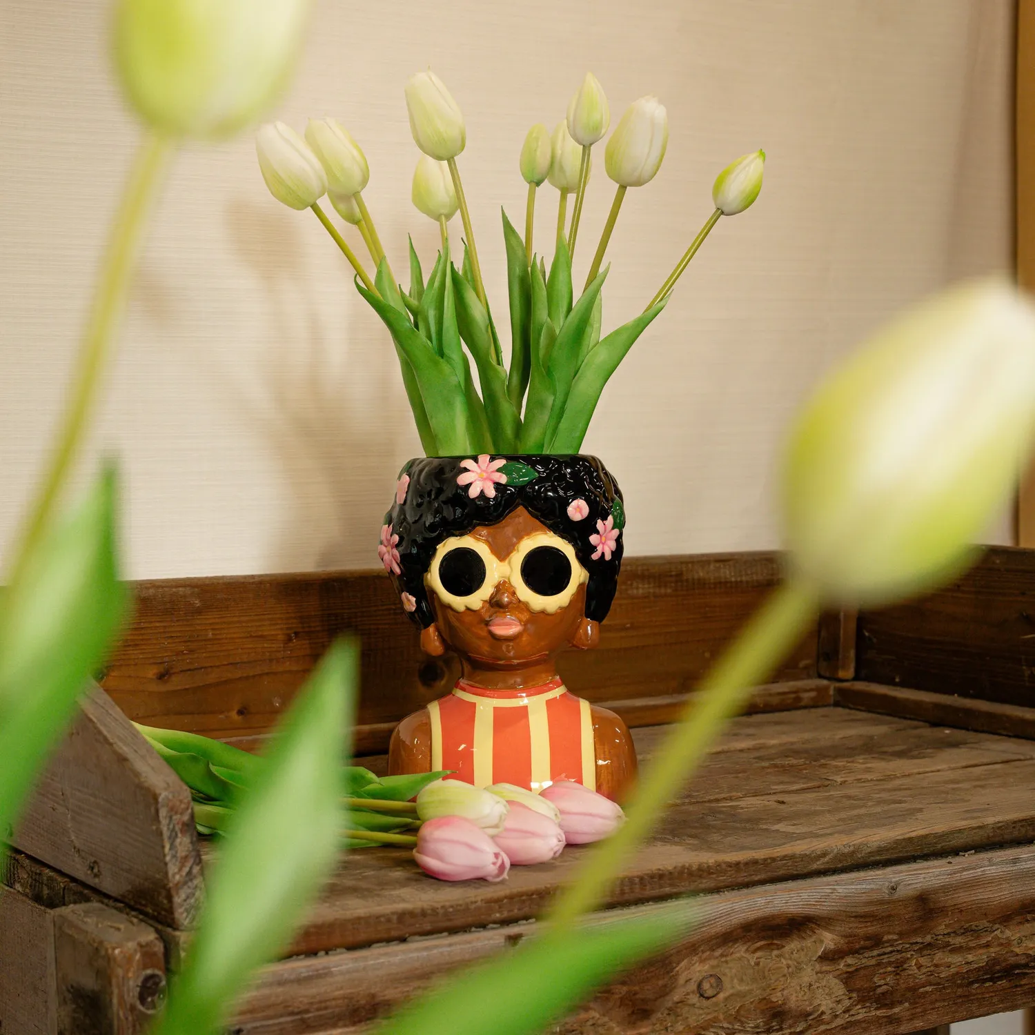 Urbanjungl Real Touch tulpen 10 stuks wit-groen 42 cm