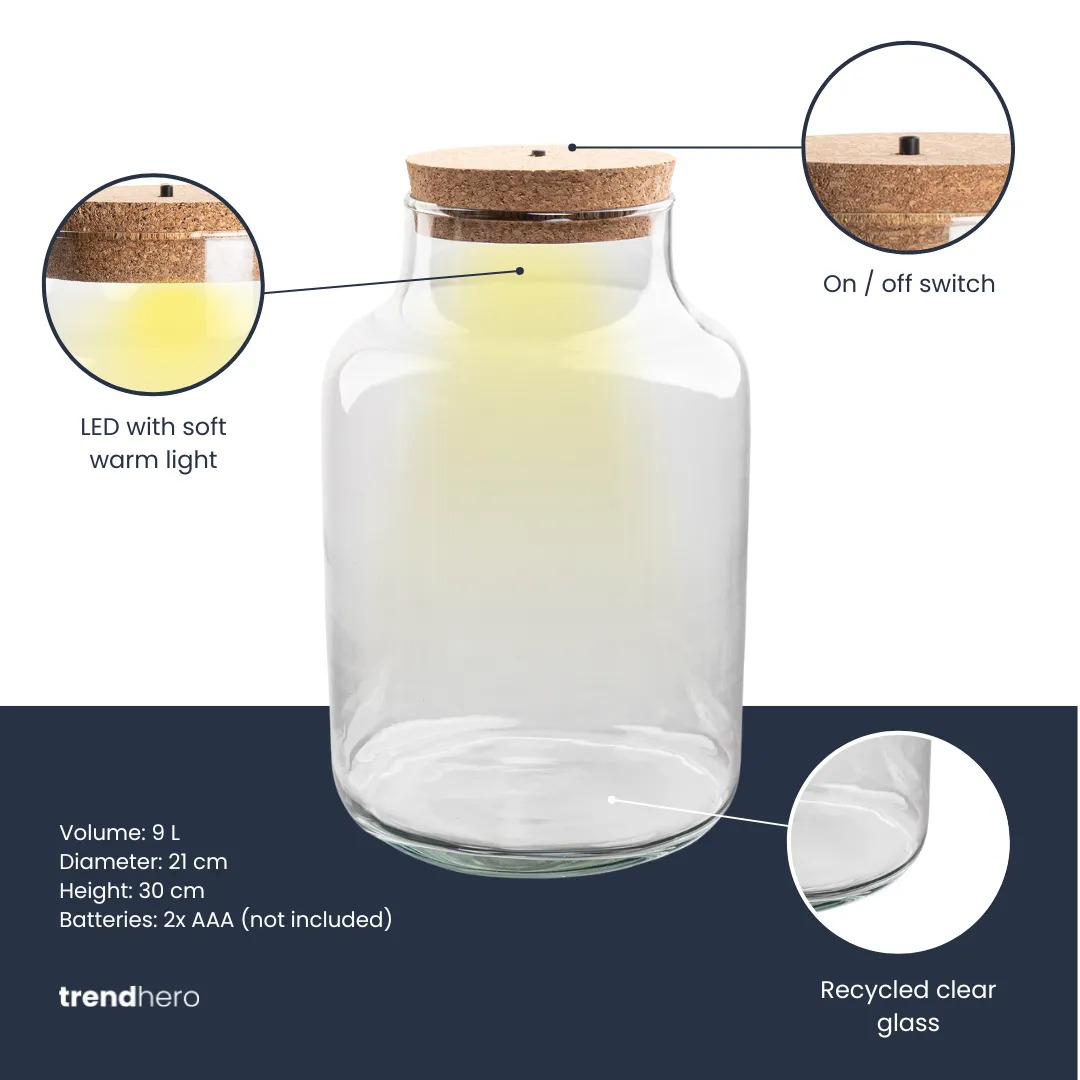 Urbanjungl Milky terrarium fles 21 cm met LED kurk 9L