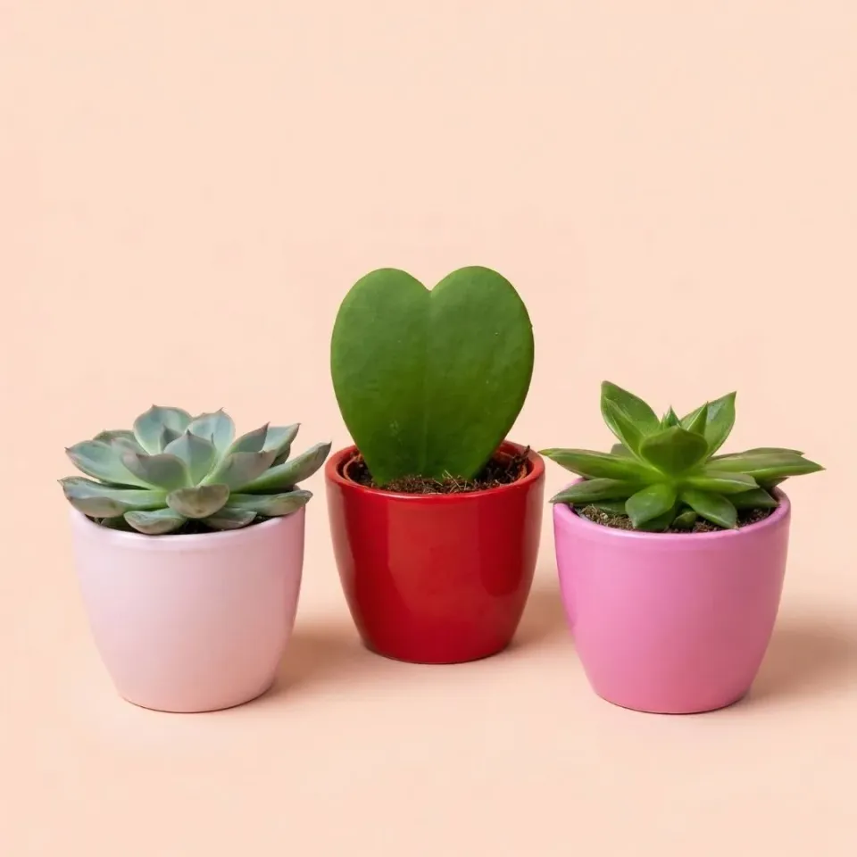 Urbanjungl Love plantenset 3x Hoya Kerrii mini pot roze rood