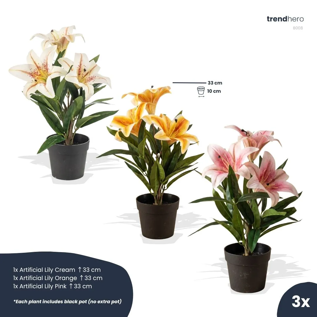 Urbanjungl Lelie Mix kunstplanten 3 stuks 33 cm creme oranje