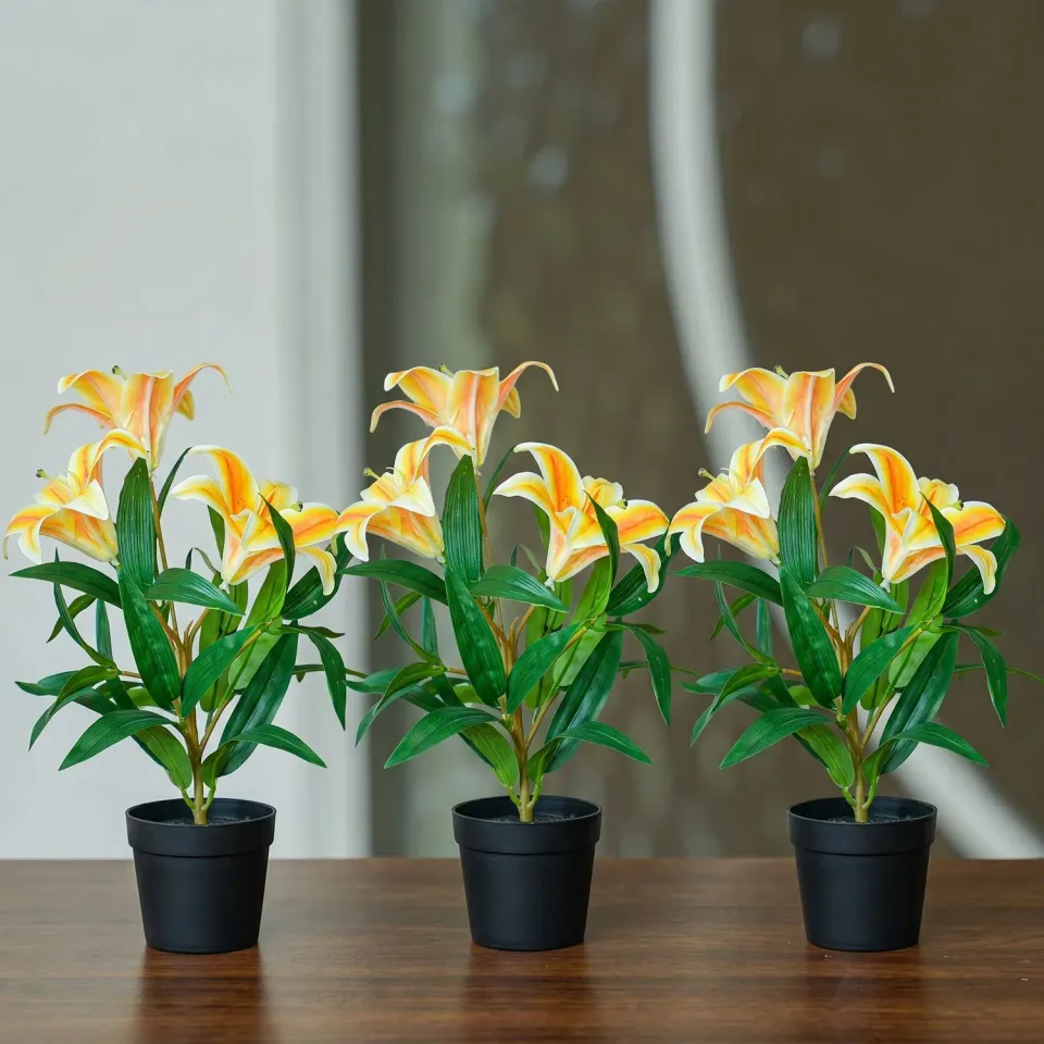 Urbanjungl Lelie geel-oranje kunstplant 3 stuks 33 cm