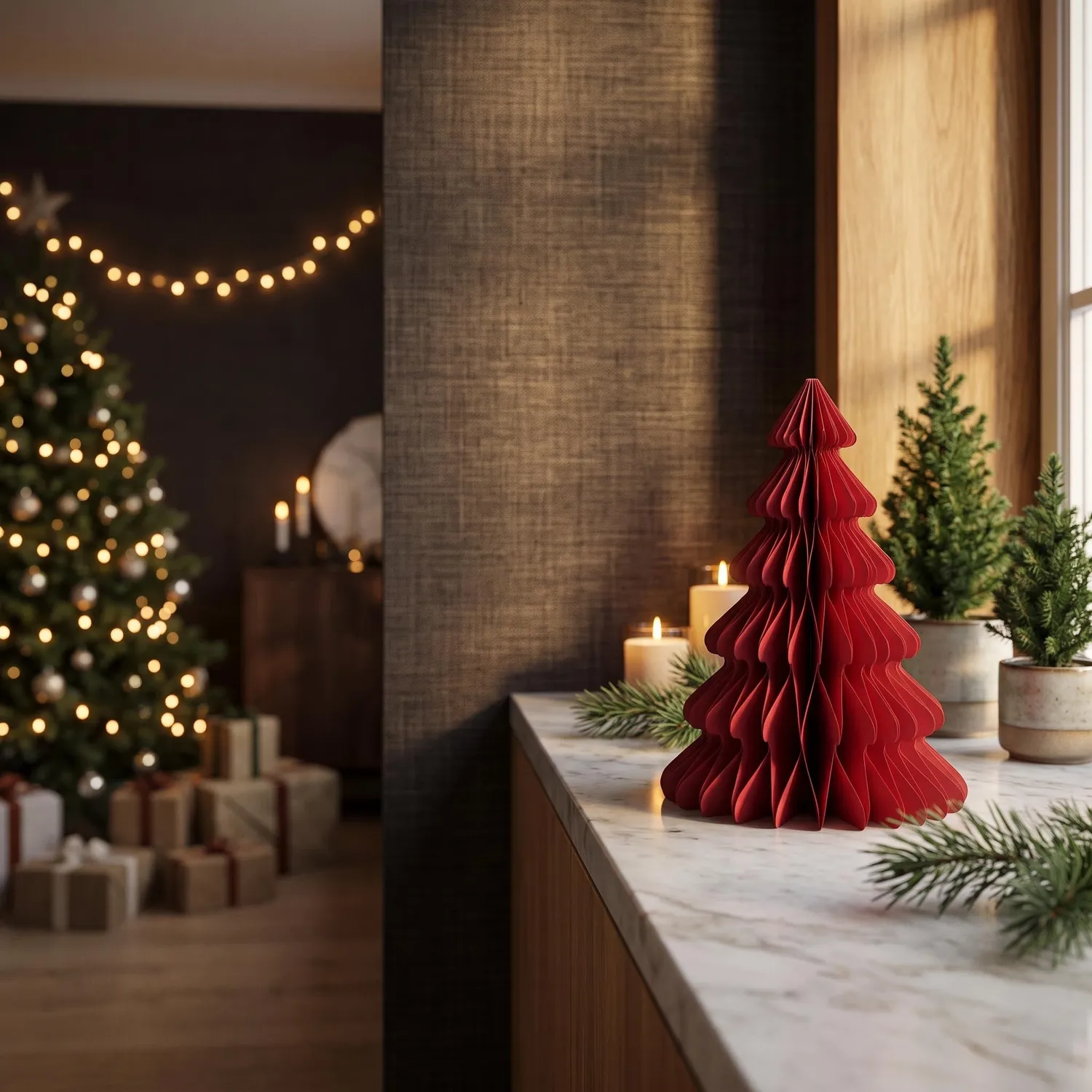 Urbanjungl papieren boom rood kerstset 3 stuks vouwbaar