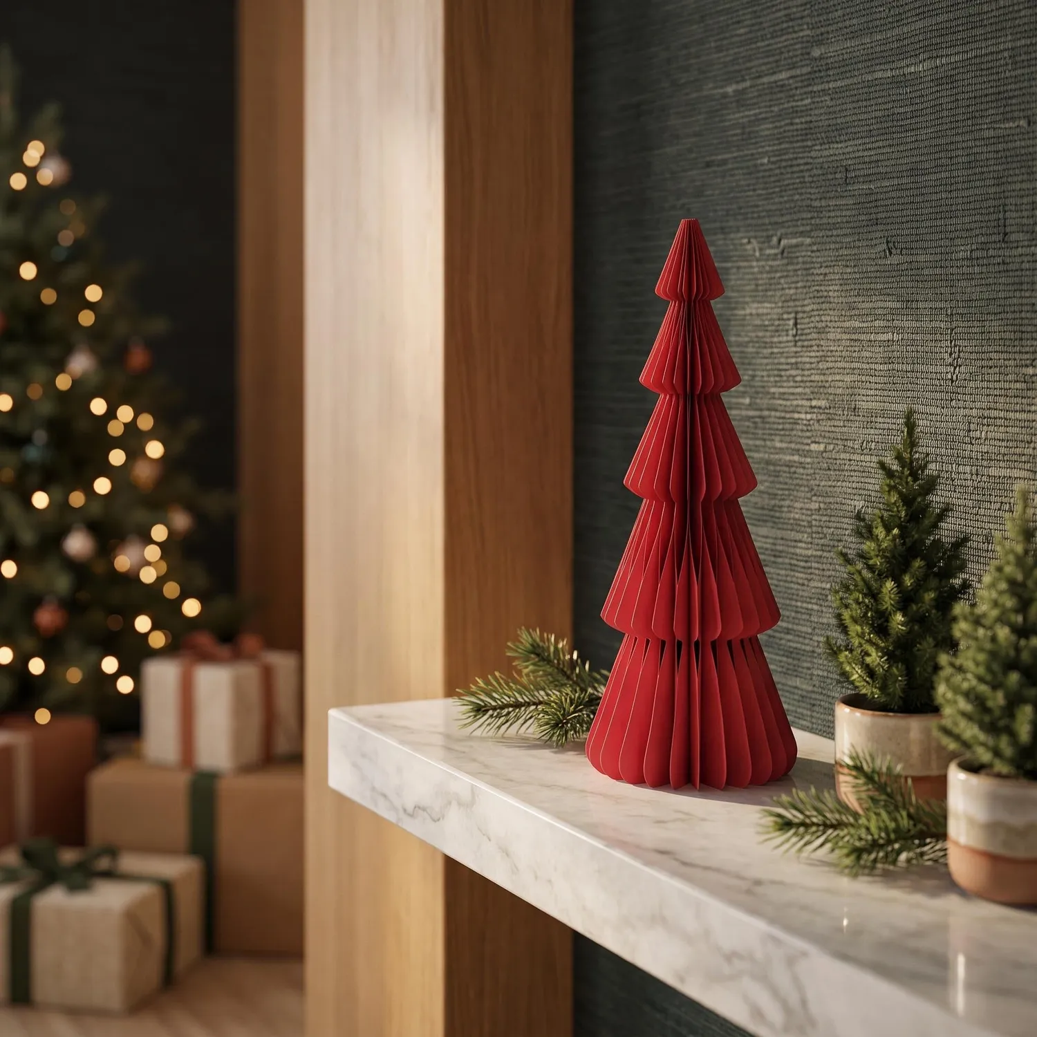 Urbanjungl papieren boom rood kerstset 3 stuks vouwbaar