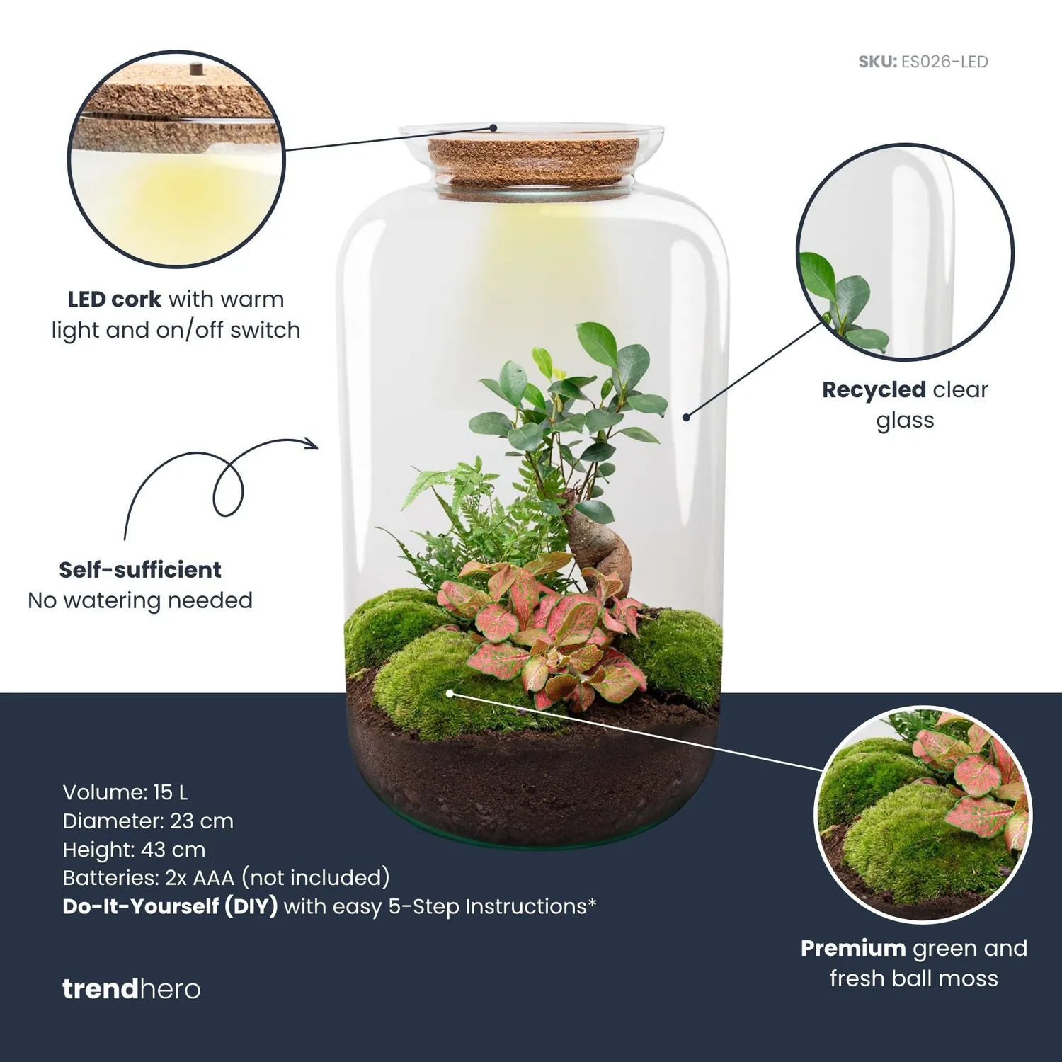 Urbanjungl Sven XL Bonsai terrarium DIY kit Ø 23 cm licht