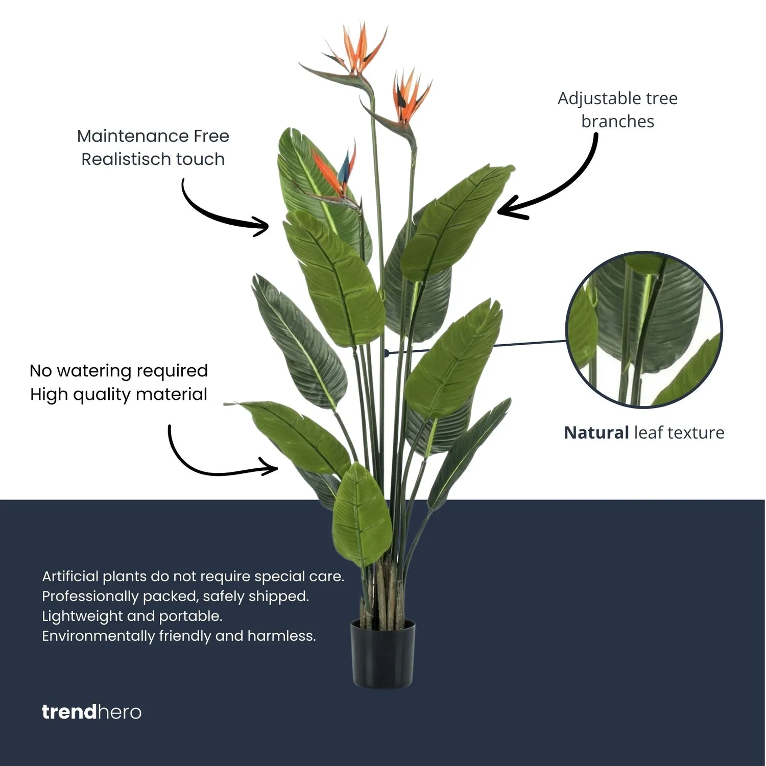 Urbanjungl Strelitzia kunstplant met bloemen 120 cm zwarte pot