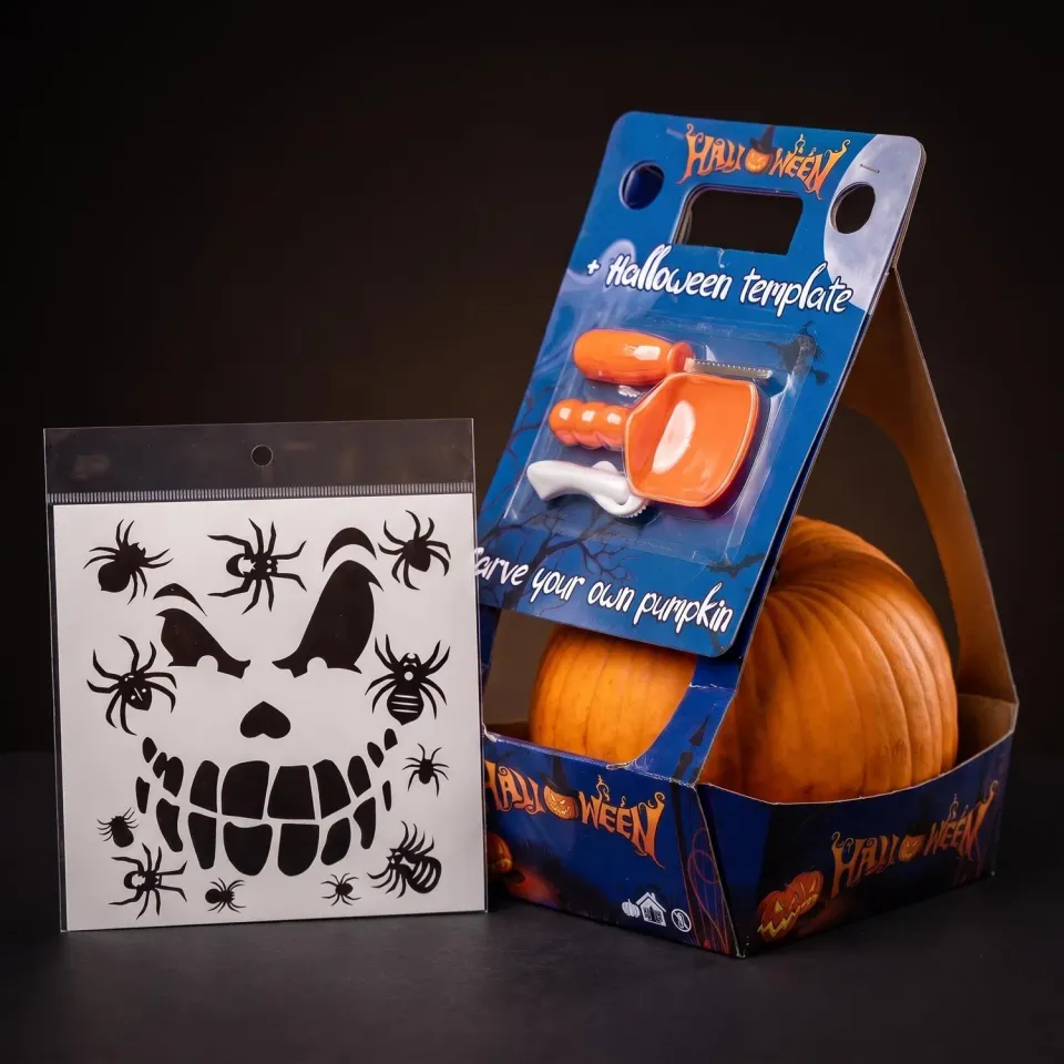 Urbanjungl Halloween pompoen snijset met echte pompoen 20 cm