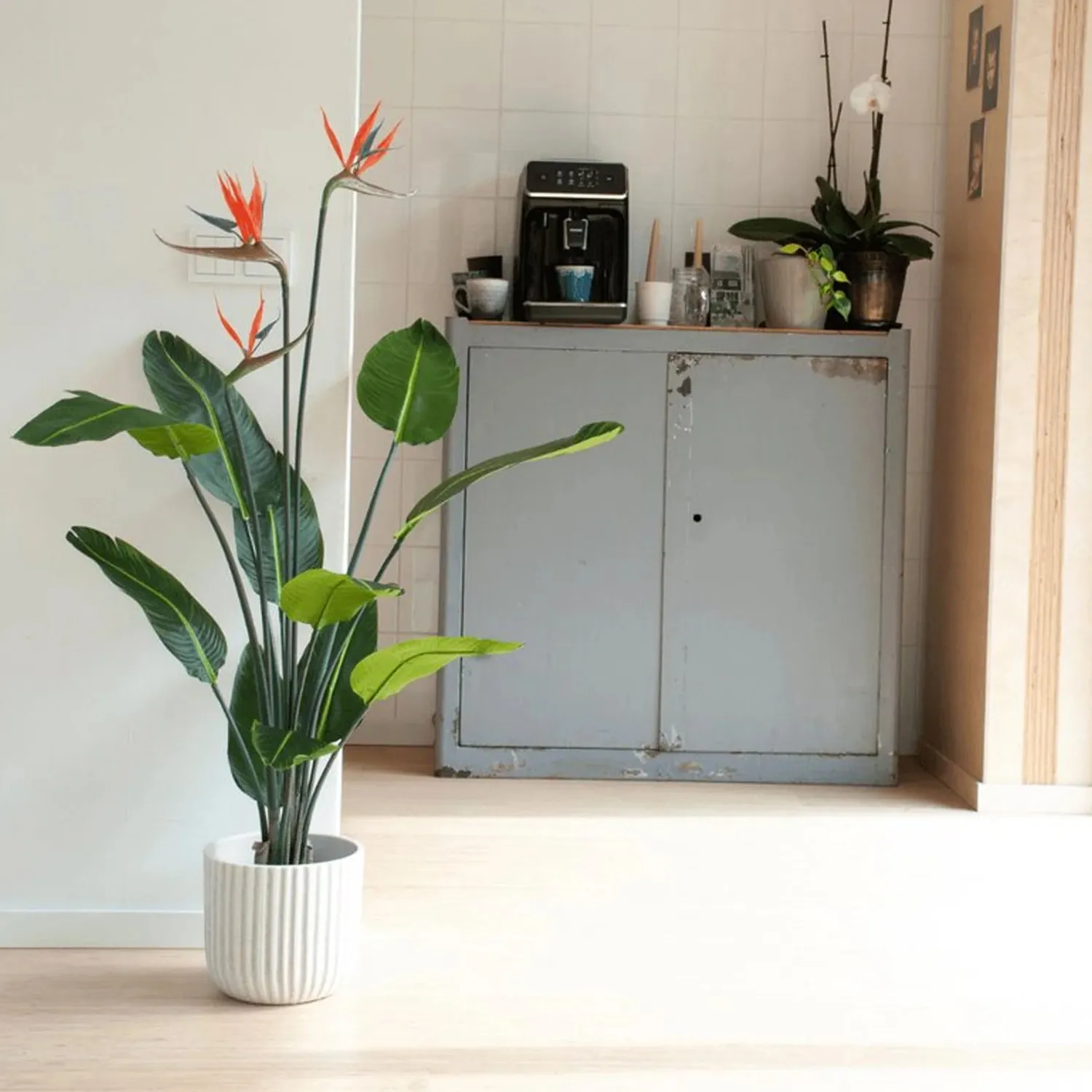 Urbanjungl Strelitzia kunstplant met bloemen 120 cm zwarte pot